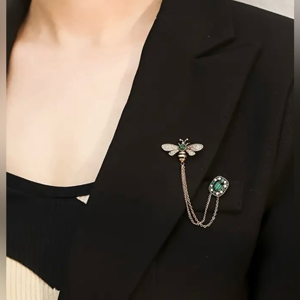 Gold Tone Bee Tassel Brooch with Green and White Rhinestone Accents